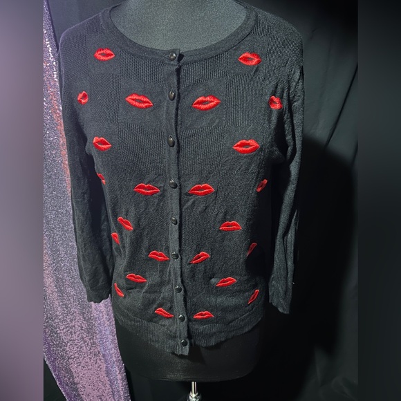 Voodoo Vixen Black Cardigan with Red Lip Print - Picture 2 of 5